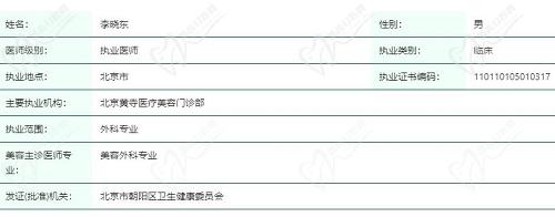 北京李曉東醫(yī)生個(gè)人執(zhí)業(yè)資質(zhì)信息
